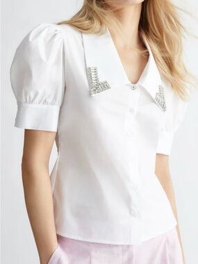Jason Wu Embellished White Puff Sleeve Shirt.